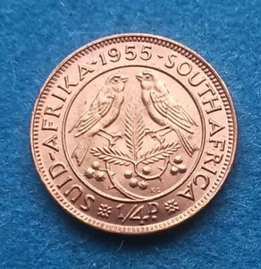 1955 South Africa 1/4 Penny KM# 44 Gem-Unc Sparrow Birds Elizabeth II (C)- S - Picture 1 of 4