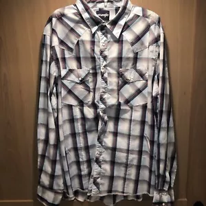 Wrangler Western Shirt Adult XXL White Blue Plaid Pearl Snap Button UpS Men0013 - Picture 1 of 9