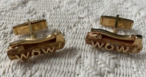 Vintage Woodmen of the World WOW Manschettenknöpfe goldfarben mit Baumstamm und Axt Detail - Bild 1 von 4