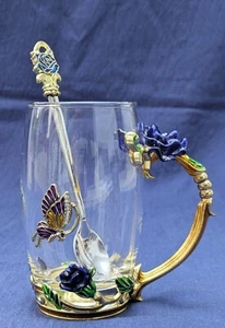 COAWG Enameled Glass Butterfly & Flower Tea Cup \ Mug and Tea Spoon 12cm, 380g - Picture 1 of 7