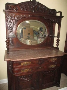 Antique Victorian Walnut Sideboard w/ Brown Marble Top - Picture 1 of 24