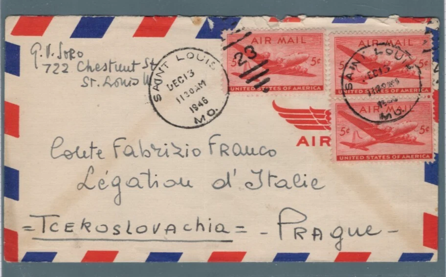 USA 1946 - BUSTA VIAGGIATA SAINT LOUIS-PRAGA BIS AEREA AIR MAIL - Immagine 1 di 1