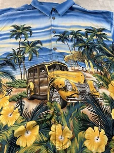 Camicia hawaiana Big Dogs uomo 3X blu stampa all over woody surf spiaggia rayon - Foto 1 di 7