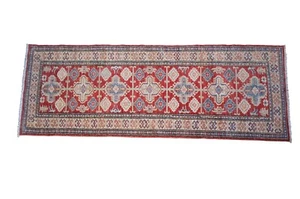 Tappeto vintage orientale tradizionale geometrico 100% lana rossa runner 2,5' x 7' - Foto 1 di 11