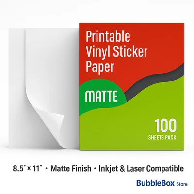100 Sheets Matte Printable Vinyl Sticker Paper 8.5x11 Inkjet Laser Waterproof - Image 1 of 4