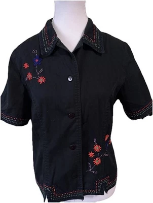 Camisa de algodão bordada com miçangas preta Stonebridge tamanho 8 manga curta botão para cima - Imagem 1 de 4