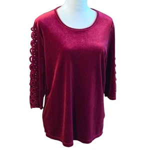 Quacker Factory Women's M Claret Red Velvet Top Lattice 3/4 Sleeve Rhinestones - Picture 1 of 13