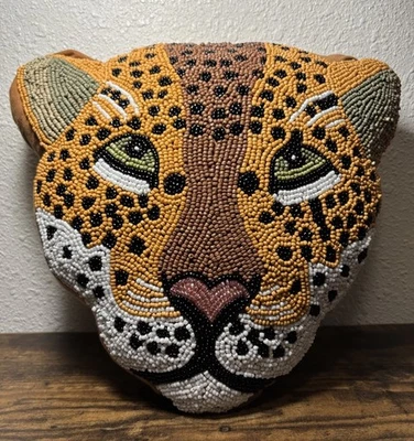 Beaded Leopard Face Pillow 12x12 Embroidered Modern Adler Style - Image 1 of 4