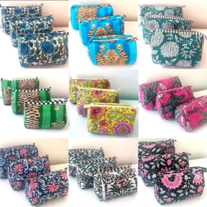 UK Women 3pc Indian Handmade Floral Tiger Quilted Toiletry Cosmetic Bag Purse - Picture 1 of 43
