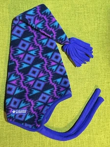 L /XL Vintage COLUMBIA USA Teal Purple FLEECE SKI STOCKING EAR FLAP TASSEL HAT - Picture 1 of 4