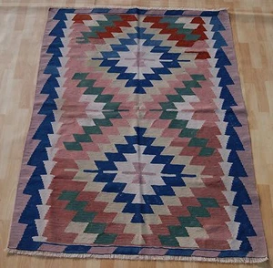 GEOMETRIC DESIGN RUG TURKISH HAND WOVEN BLUE 20+ RECTANGLE WOOL AREA RUG 4X6ft - Picture 1 of 4