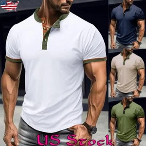 Mens Solid Turn Down Collar Short Sleeve T-shirt Summer Business Work Blouse Top - Picture 1 of 22