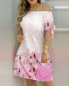 Off Shoulder Short Sleeve Sexy Women Print Casual Dress-Pink - Picture 1 of 2