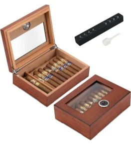 TISFA Zigarren Humidor, Zigarrenkiste mit Glasdeckel und Hygrometer Luftbefeuchter, Zeder - Bild 1 von 9