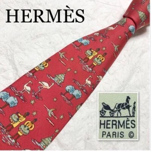HERMES Necktie, African landscape allover pattern 100% silk made in France, red - Picture 1 of 10