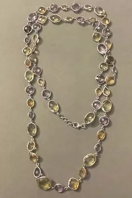 Designer Multi-Color Gemstones 36" Bezel Cushion Cut Sterling Silver Necklace - Image 1 of 4