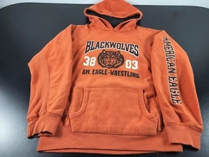 VTG 90s AMERICAN EAGLE BLACK WOLVES WRESTLING DISTRESSED HOODIE SWEATSHIRT SMALL - Picture 1 of 6