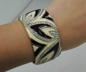 Vintage Large Kenneth Lane Enamel Gold/Black W/ White Rhine Stone Cuff Bracelet - Picture 1 of 7