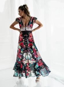 Maxi Vestido Para Mujer Informal Floral Bordado Diamante En Niveles Peplum Dobladillo Ancho - Imagen 1 de 11