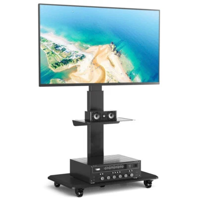Mobile TV Stand with Wheels Tilting Adjustable Height Rolling Cart with Shelf - Image 1 of 4