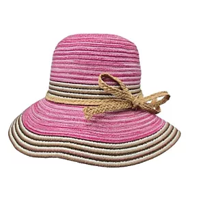 Multi-Stripe Bow Accent Bucket Hat, Pink Women's Straw Sunhat One Size - Picture 1 of 5