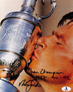 Nick Faldo "Open Champion 1987-90-92" inscription SIGNED photo 8x10 BECKETT BAS