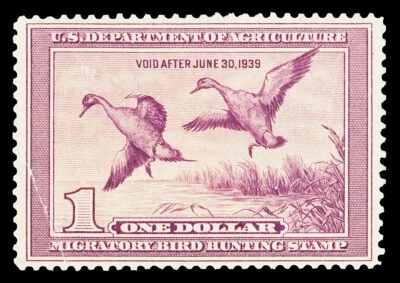Scott RW5 1938 $1.00 Duck Stamp Mint F-VF OG NH Corner Crease Cat $425 - Image 1 of 2