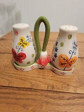 Pier 1 Butterflies Paisley Floral Salt & Pepper Shakers With Caddy 3.5" Ceramic