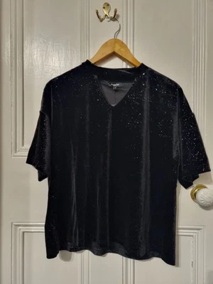 Simply Be Black Velor Multicoloured Glitter Short Sleeve Keyhole Top Size 20 NEW - Image 1 of 4