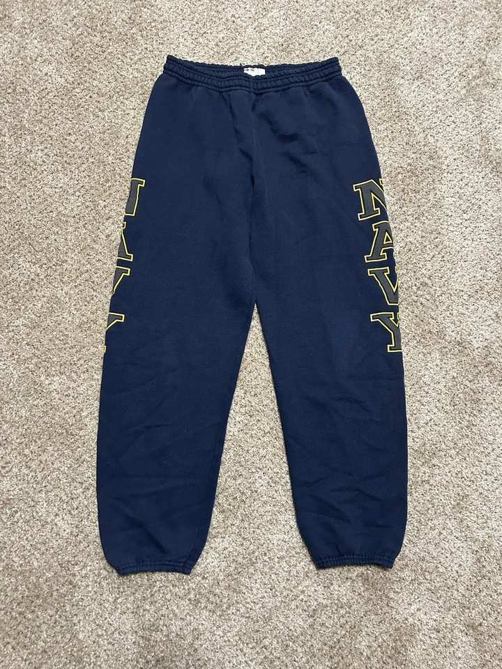 90s US Navy Issued Sweatpants Mens Medium Blue Yellow Spellout Logo USA - Image 1 of 4