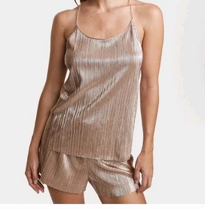 Victorias Secret Dorado Brillo PLISADO Cami Pantalones Cortos Camisón Salón PIJAMA CONJUNTO XL - Imagen 1 de 18