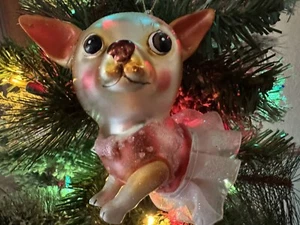 Robert Stanley Chihuahua Rosa Usando Tutú Vidrio Soplado Molde Ornamento 4.5" LEER - Imagen 1 de 7