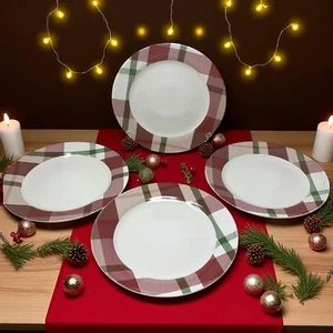 Lot 4 x Williams Sonoma Winter Tartan Red Green Plaid 11" Dinner Plates Holiday - Picture 1 of 5