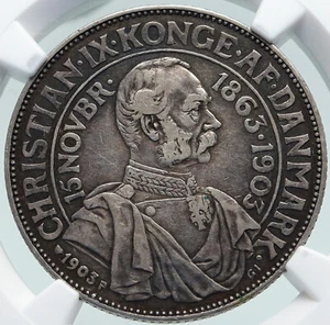 1903 DENMARK King Christian IX 25th Anniversary Silver 2 Kroner Coin NGC i86989 - Picture 1 of 5