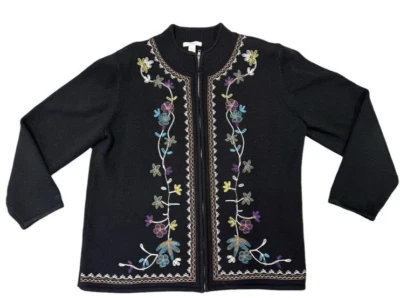Dress Barn Black Embroidered Floral Long Sleeve Zip Up Cardigan Sweater 18/20 - Image 1 of 4