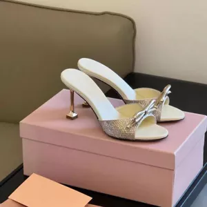 2025 Summer Women's Bowtie Rhinestones Mules Mid Heel Slides Sandals Party Shoes - Picture 1 of 10