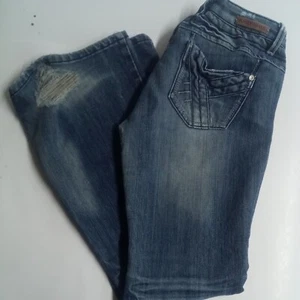 Almost Famous Jeans Womens Juniors Size 9 Blue Bootcut Distressed Low Rise FLAW - Picture 1 of 6