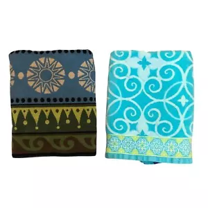 Kirkland Signature Egyptian Cotton Beach Towel Lot of 2 Large Green & Blue Patte - Picture 1 of 8