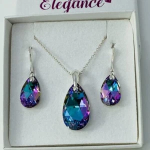 925 Silver Pear Pendant Necklace Earring Set Made With Austrian Crystals - Picture 1 of 11