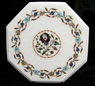 12" Marble Corner Table Top Floral Inlay Pietradura Handmade Work - Image 1 of 3