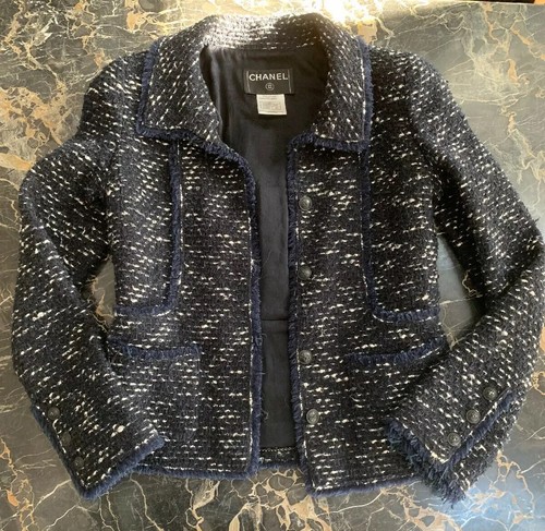 Blazer giacca Chanel con frange blu in tweed aderente fantasia Fr38