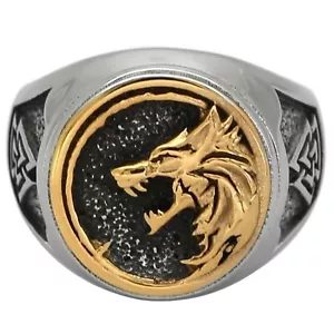 Norse Fenrir Signet Ring Mens Gold PVD Stainless Steel Viking Valknut Wolf Band - Picture 1 of 5