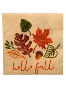 "Hello Fall" Fall Festivities 16 Ct Paper Beverage Cocktail Napkins Thanksgiving - Picture 1 of 2
