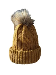 Chunky Knit Mustard Yellow Beanie with Faux Fur Pom – Winter Warm Cable Knit Hat - Picture 1 of 6
