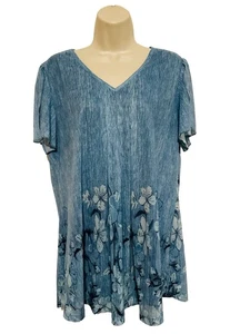 Valolia XL tunic top blue gray floral pleated V-neck short flutter sleeve lined - Picture 1 of 9