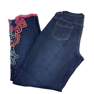 Diane Gilman DG2 Size 8 Blue Heavily Wood Beaded Floral Design Jeans Stretch - Picture 1 of 7