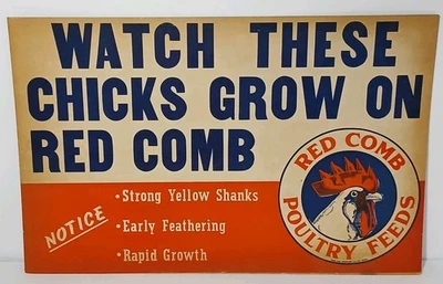 22" Antique Vintage 1950s RED COMB POULTRY FEEDS Graphic Farm Advertising Sign - Image 1 of 4