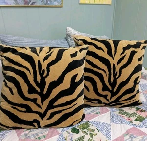 Newport Vintage Pair Of Gold & Black Zebra Striped Velvet Throw Pillows - Picture 1 of 5