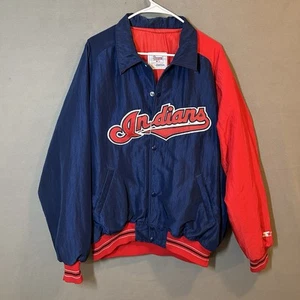 VTG Cleveland Indians Starter Satin Bomber Quilt Lined Snap Up Jacket Adult L - Picture 1 of 17