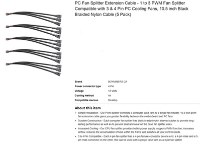Pc Fan Splitter Extension Cable 1 To 3 Pwm Fan Splitter (5pk) - Image 1 of 3